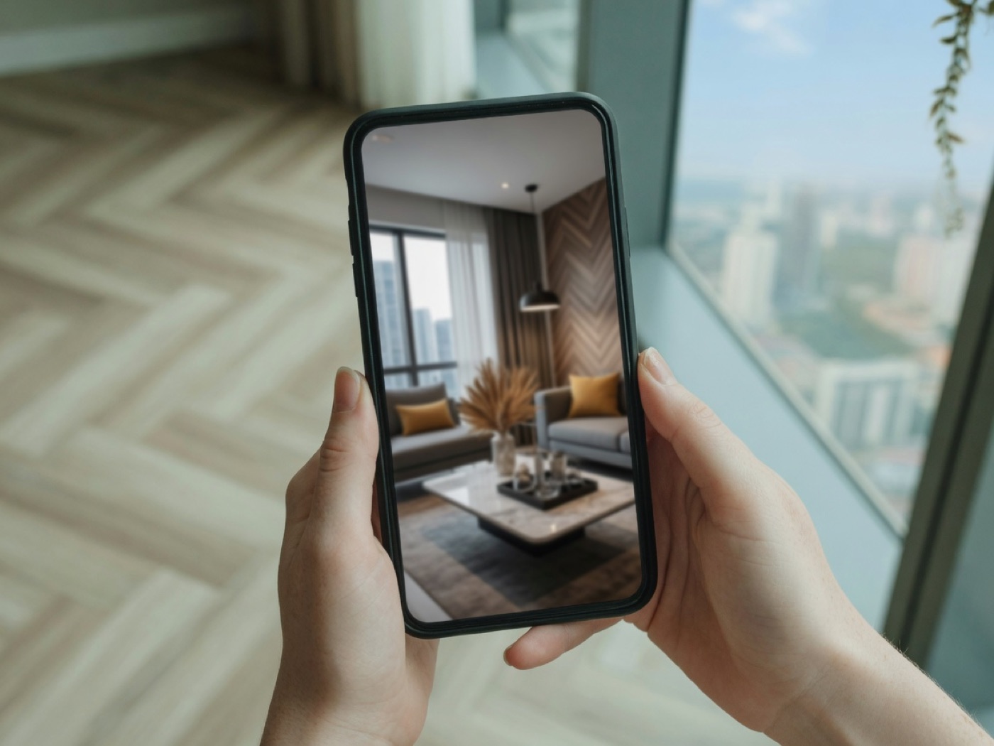 A vertical listing video playing on a phone in an apartment